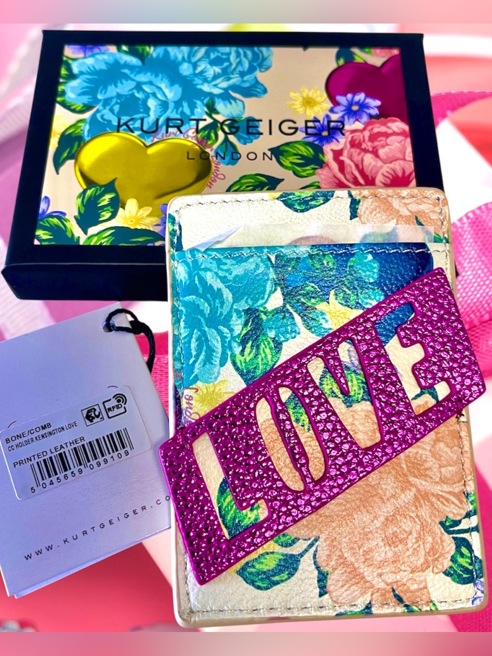 Kurt Geiger New w/tag Leather LOVE/floral double-side/top pouch Card Holder